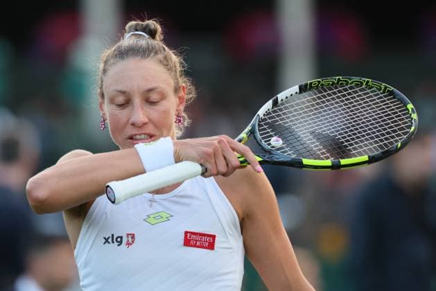Belgian Yanina Wickmayer reacts during the match between Belgian Wickmayer and Russian Blinkova, in the Women s Singles First Round, at the 2023 Wimbledon grand slam tennis tournament at the All England Tennis Club, in south-west London, Britain, . BENOITxDOPPAGNE  x70149750x