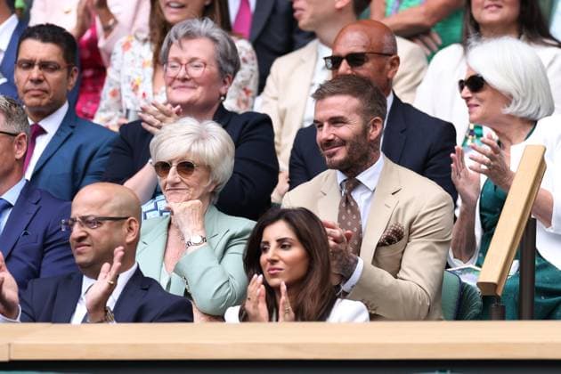 5th July 2023; All England Lawn Tennis and Croquet Club, London, England: Wimbledon Tennis Tournament; David Beckham sits with his mother Sandra Beckham in the royal box watching the match Jodie Burrage versus Daria Kasatkina from the royal box  ActionPlus12527398 ShaunxBrooks