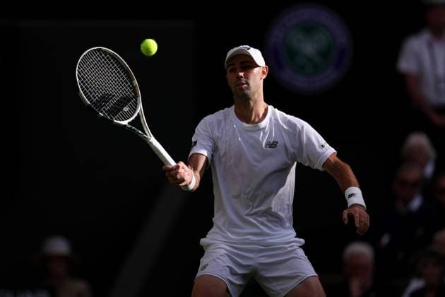 5th July 2023; All England Lawn Tennis and Croquet Club, London, England: Wimbledon Tennis Tournament; Jordan Thompson during his match with Novak Djokovic  ActionPlus12527471 ShaunxBrooks