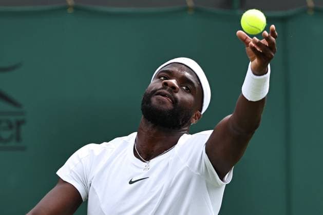 Frances Tiafoe, USA, during rain delayed first round of 2023 All England Lawn Tennis Championships at Wimbledon, gentlemens singles, London, 05 07 2023; -