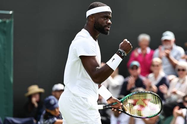 Frances Tiafoe, USA, during rain delayed first round of 2023 All England Lawn Tennis Championships at Wimbledon, gentlemens singles, London, 05 07 2023; -