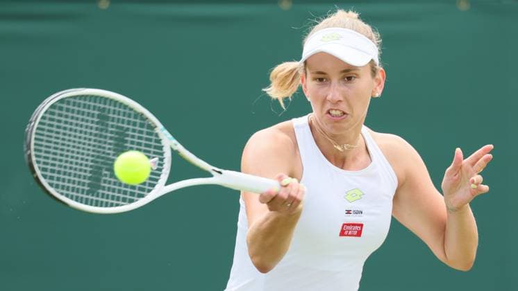 Belgian Elise Mertens pictured in action during the match between Belgian Mertens and Ukrainian Svitolina, in the Women s Singles Second Round, at the 2023 Wimbledon grand slam tennis tournament at the All England Tennis Club, in south-west London, Britain, . Due to the bad weather, play had to be suspended on Tuesday and Wednesday, and lots of matches had to be postponed. BENOITxDOPPAGNE  x70173420x