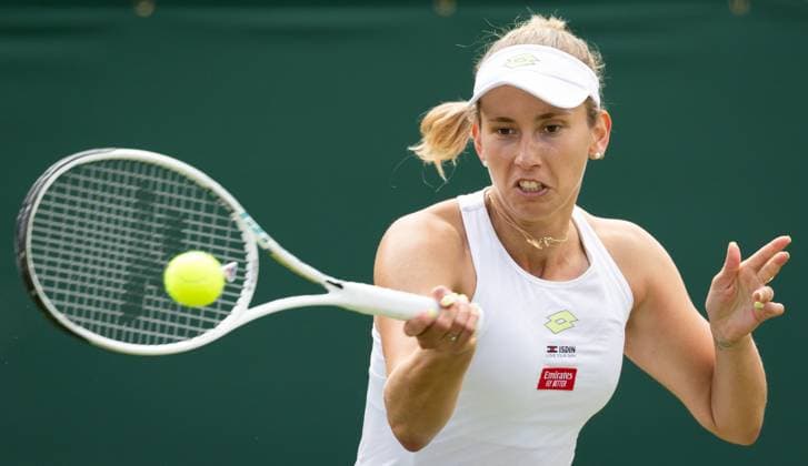 Belgian Elise Mertens pictured in action during the match between Belgian Mertens and Ukrainian Svitolina, in the Women s Singles Second Round, at the 2023 Wimbledon grand slam tennis tournament at the All England Tennis Club, in south-west London, Britain, Thursday 06 July 2023. Due to the bad weather, play had to be suspended on Tuesday and Wednesday, and lots of matches had to be postponed. BENOITxDOPPAGNE  x70182163x