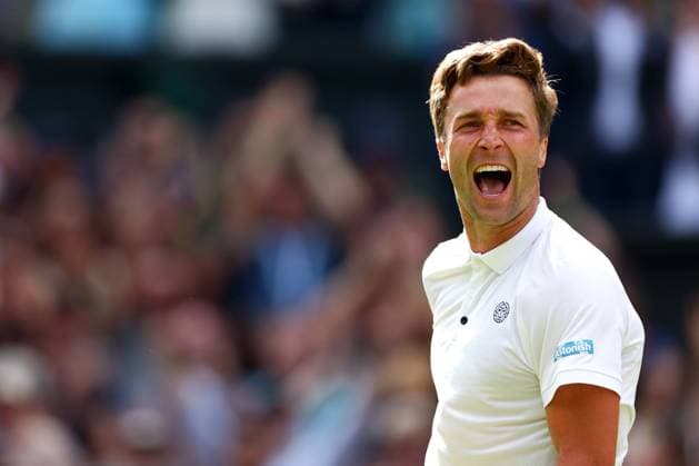 Mandatory Credit: Photo by Simon Dael Shutterstock (13995920db) Liam Broady celebrates victory in his second round match Wimbledon Tennis Championships, Day 4, The All England Lawn Tennis and Croquet Club, London, UK - 06 Jul 2023 Wimbledon Tennis Championships, Day 4, The All England Lawn Tennis and Croquet Club, London, UK - 06 Jul 2023  Copyright: xSimonxDael Shutterstockx 13995920db