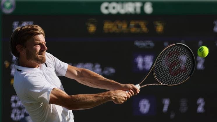 Belgian David Goffin pictured in action during a tennis match against Chilean Barrios Vera, in the second round of the men s singles at the 2023 Wimbledon grand slam tennis tournament, Thursday 06 July 2023 at the All England Tennis Club, in south-west London, Britain. Due to the bad weather, play had to be suspended on Tuesday and Wednesday, and lots of matches had to be postponed. BENOITxDOPPAGNE  x70189841x