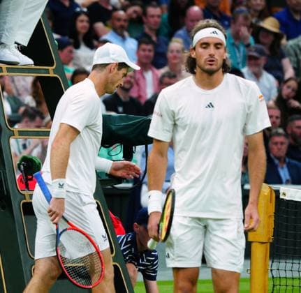 Mandatory Credit: Photo by Javier Garcia Shutterstock (13995919ji) Andy Murray and Stefanos Tsitsipas during their second round match Wimbledon Tennis Championships, Day 4, The All England Lawn Tennis and Croquet Club, London, UK - 06 Jul 2023 Wimbledon Tennis Championships, Day 4, The All England Lawn Tennis and Croquet Club, London, UK - 06 Jul 2023  Copyright: xJavierxGarcia Shutterstockx 13995919ji