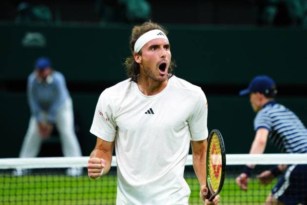 Mandatory Credit: Photo by Javier Garcia Shutterstock (13995919jk) Stefanos Tsitsipas reacts during his second round match Wimbledon Tennis Championships, Day 4, The All England Lawn Tennis and Croquet Club, London, UK - 06 Jul 2023 Wimbledon Tennis Championships, Day 4, The All England Lawn Tennis and Croquet Club, London, UK - 06 Jul 2023  Copyright: xJavierxGarcia Shutterstockx 13995919jk