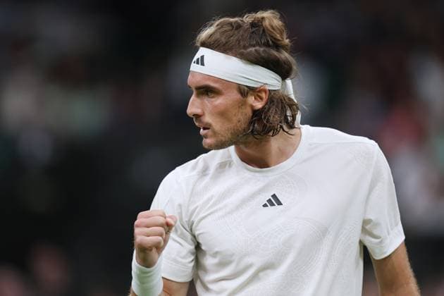 Wimbledon: Day Four 6 July 2023, Wimbledon - Wimbledon Tennis Championships - Day Four - Stefanos Tsitsipas (GRE) celebrates against Andy Murray (GBR) during their Gentlemen s Singles 2nd Round match - Photo: Charlotte Wilson Offside . Wimbledon UK Copyright: xCharlottexWilsonx xOffsidexOffside