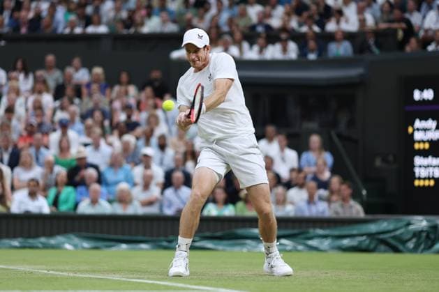 Wimbledon: Day Four 6 July 2023, Wimbledon - Wimbledon Tennis Championships - Day Four - Andy Murray (GBR) plays a backhand against Stefanos Tsitsipas (GRE) in their Gentlemen s Singles 2nd Round match - Photo: Charlotte Wilson Offside . Wimbledon UK Copyright: xCharlottexWilsonx xOffsidexOffside