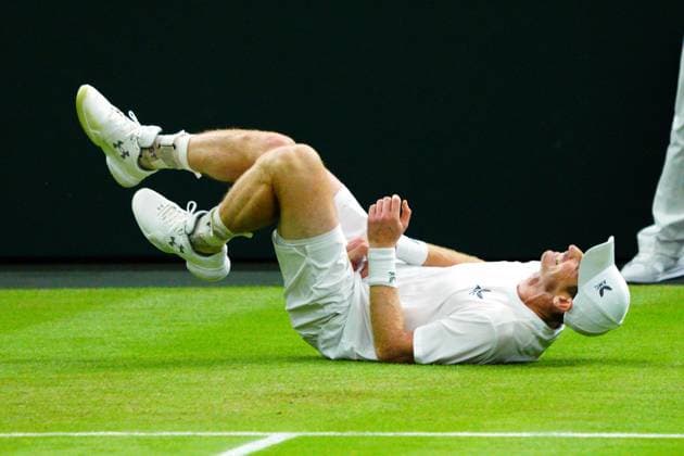 Mandatory Credit: Photo by Javier Garcia Shutterstock (13995919ls) Andy Murray pulls his groin and falls to the turf during his second round match Wimbledon Tennis Championships, Day 4, The All England Lawn Tennis and Croquet Club, London, UK - 06 Jul 2023 Wimbledon Tennis Championships, Day 4, The All England Lawn Tennis and Croquet Club, London, UK - 06 Jul 2023  Copyright: xJavierxGarcia Shutterstockx 13995919ls