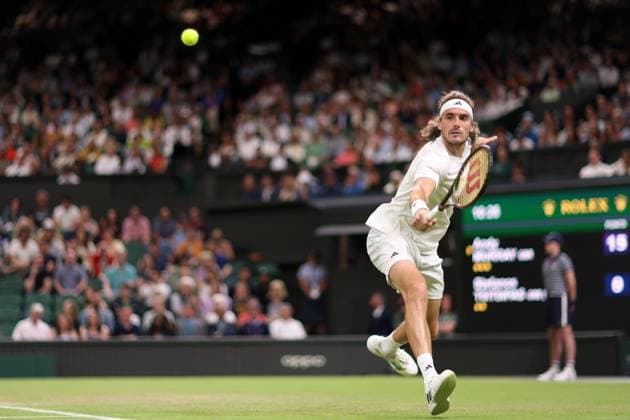 6th July 2023; All England Lawn Tennis and Croquet Club, London, England: Wimbledon Tennis Tournament; Stefanos Tsitsipas returns the serve from Andy Murray  ActionPlus12527855 ShaunxBrooks