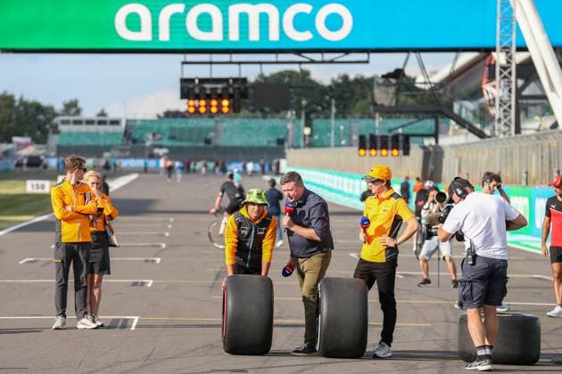 FORMULA 1 ARAMCO BRITISH GRAND PRIX 2023, 06 07 2023 Lando Norris 4 (GBR), McLaren MCL60 sky sports media day rolling a wheel with Sky Presenter Crofty David Croft during the FORMULA 1 ARAMCO BRITISH GRAND PRIX 2023 at Silverstone Circuit, Silverstone, United Kingdom on 6 July 2023 Editorial Use Only Copyright: xPhilxDuncanx ESM-0742-0018