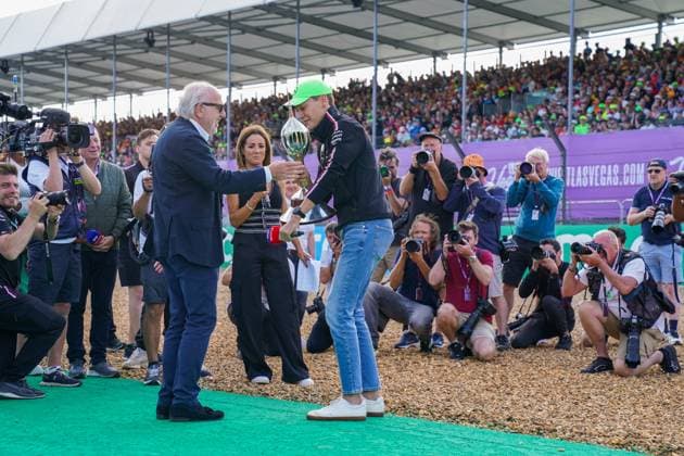 FORMULA 1 ARAMCO BRITISH GRAND PRIX 2023, 06 07 2023 George Russell 63 (GBR), Mercedes W14 is presented with the Hawthorn Memorial Trophy during the FORMULA 1 ARAMCO BRITISH GRAND PRIX 2023 at Silverstone Circuit, Silverstone, United Kingdom on 6 July 2023 Editorial Use Only Copyright: xEveryxSecondxMediax ESM-0745-0022