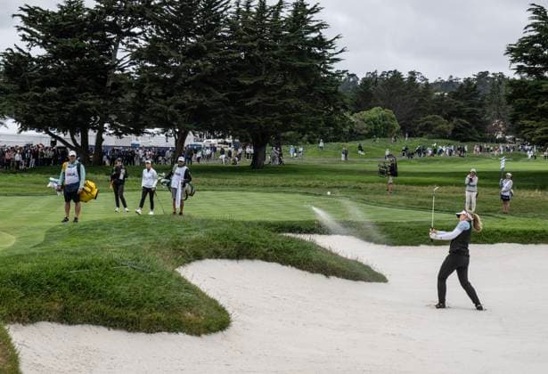Brooke Henderson of Canada hits out of a trap to the second green in round one of the Women s U.S. Open at Pebble Beach, California on Thursday, July 6, 2023.  PBP2023070623 TERRYxSCHMITT