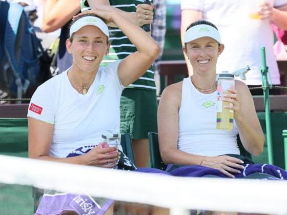 Belgian Elise Mertens and Australian Storm Sanders pictured during a doubles tennis match between Belgian-Australian pair Mertens-Sanders and Ukrainian-Polish pair Kichenok-Rosolska, in round 1 of the women s doubles at the 2023 Wimbledon grand slam tennis tournament at the All England Tennis Club, in south-west London, Britain, Friday 07 July 2023. BENOITxDOPPAGNE  x70232623x