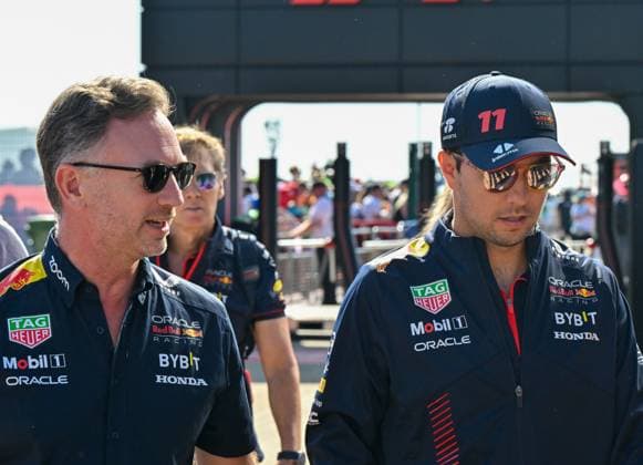 Formula 1 Lenovo British Grand Prix Red Bull Team Principle Christian Horner and Driver Sergio Perez arrive in the Paddock on practice day during the Formula 1 Aramco British Grand Prix at Silverstone, Towcester, Northamptonshire, UK on July 07 2023. Lee Floyd, Credit:Lee Floyd Avalon UK, Northamptonshire, Towcester, Silverstone  Copyright: xLeexFloydx xAvalonx 0787697096