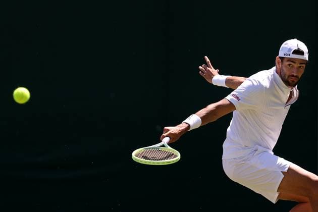7th July 2023; All England Lawn Tennis and Croquet Club, London, England: Wimbledon Tennis Tournament; Matteo Berrettini plays a backhand shot to Alex De Minaur  ActionPlus12527914 ShaunxBrooks