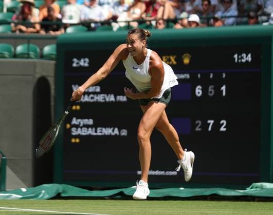 Belarussian Arnya Sabalenka serves in her second round match against France s Varvara Gracheva on day five of the 2023 Wimbledon championships in London on Friday, July 07, 2023.  LON2023070731 HUGOxPHILPOTT