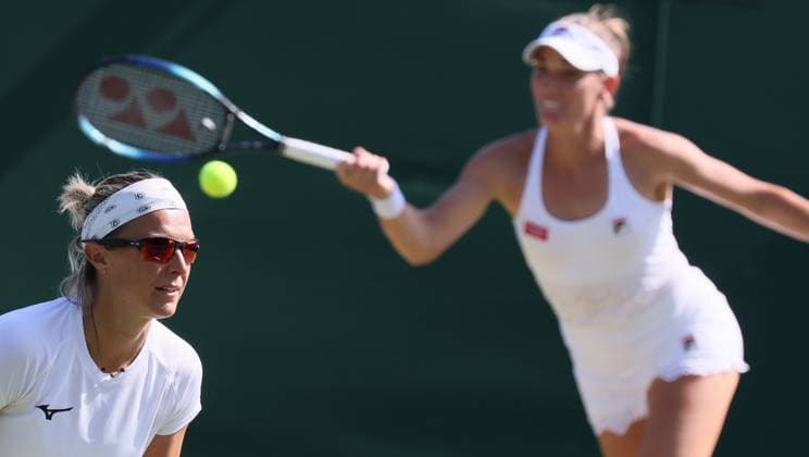 Belgian Kirsten Flipkens and Hungarian Timea Babos pictured during a doubles tennis match between Belgian-Hungarian pair Flipkens-Babos and US-Mexican pair Muhammad-Olmos, in round 1 of the women s doubles at the 2023 Wimbledon grand slam tennis tournament at the All England Tennis Club, in south-west London, Britain, Friday 07 July 2023. BENOITxDOPPAGNE  x70257173x