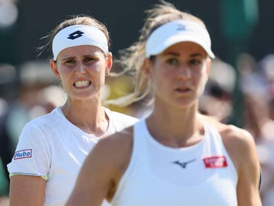 Belgian Greet Minnen and Hungarian Anna Bondar pictured during a doubles tennis match between Belgian-Hungarian pair Minnen-Bondar and US pair Jones-Stephens, in round 1 of the women s doubles at the 2023 Wimbledon grand slam tennis tournament at the All England Tennis Club, in south-west London, Britain, Friday 07 July 2023. BENOITxDOPPAGNE  x70257810x
