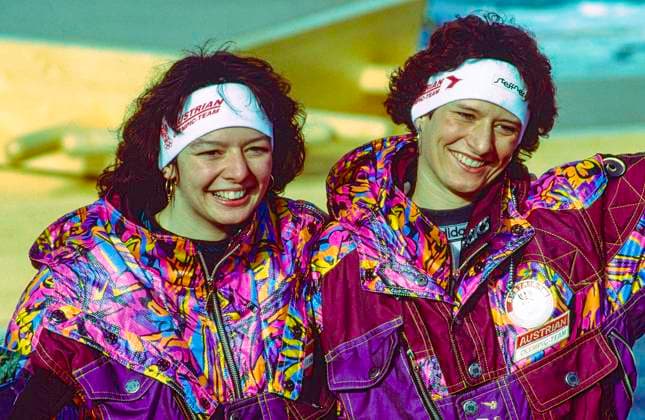1992 Olympic Winter games, Winterspiele,Spiele, Summer games Doris Neuner (AUT) (R) gold medal winner, Olympic Champipn with her sister Angelika Neuner(AUT) silver medal winner during Women s singles luge competition at the 1992 Olympic Winter Games Albertville La Plagne France Copyright: xDuomo PCNx OL9203 LG0129
