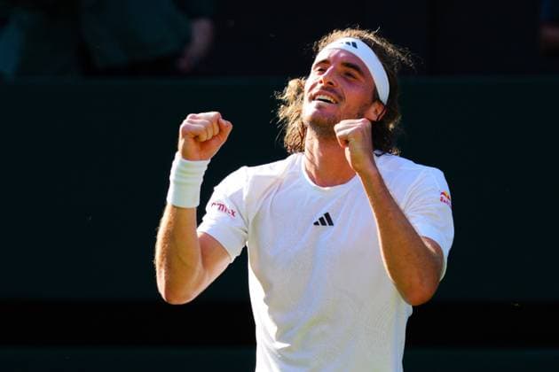Mandatory Credit: Photo by Javier Garcia Shutterstock (13995928hk) Stefanos Tsitsipas celebrates after winning his second round match Wimbledon Tennis Championships, Day 5, The All England Lawn Tennis and Croquet Club, London, UK - 07 Jul 2023 Wimbledon Tennis Championships, Day 5, The All England Lawn Tennis and Croquet Club, London, UK - 07 Jul 2023  Copyright: xJavierxGarcia Shutterstockx 13995928hk