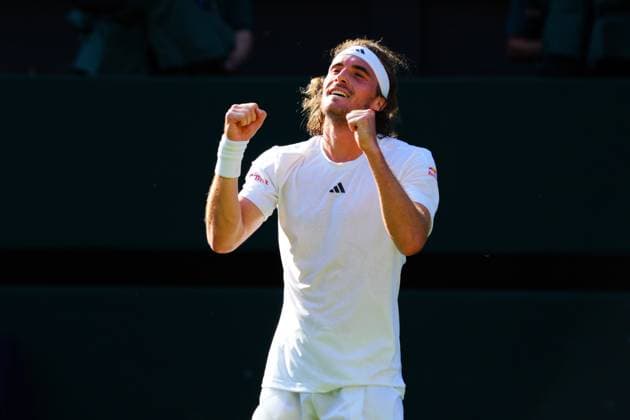Mandatory Credit: Photo by Javier Garcia Shutterstock (13995928hm) Stefanos Tsitsipas celebrates after winning his second round match Wimbledon Tennis Championships, Day 5, The All England Lawn Tennis and Croquet Club, London, UK - 07 Jul 2023 Wimbledon Tennis Championships, Day 5, The All England Lawn Tennis and Croquet Club, London, UK - 07 Jul 2023  Copyright: xJavierxGarcia Shutterstockx 13995928hm