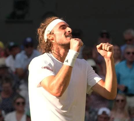 Tennis - 2023 Wimbledon Championships - Week One - Day Five - All England lawn Tennis & Racquet Club, Wimbledon - Friday 7th Mens singles - Andy Murray (GBR) v Stefanos Tsitsipas (GRE) Stefanos Tsitsipas after winning the match 