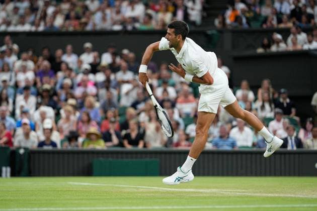 Mandatory Credit: Photo by Dave Shopland Shutterstock (13995926af) Novak Djokovic in action against Stan Wawrinka Wimbledon Tennis Championships, Day 5, The All England Lawn Tennis and Croquet Club, London, UK - 07 Jul 2023 Wimbledon Tennis Championships, Day 5, The All England Lawn Tennis and Croquet Club, London, UK - 07 Jul 2023  Copyright: xDavexShopland Shutterstockx 13995926af