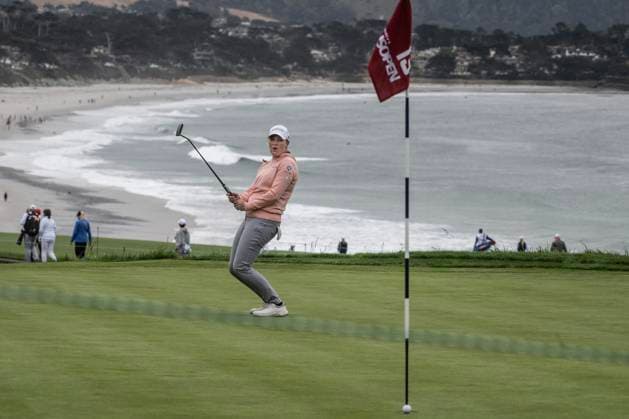 Jennifer Kupcho reacts tothe ball missing the cup as she putts on the 13th green in round two of the Women s U.S. Open in Pebble Beach, California on Friday, July 7, 2023.  PBP2023070708 TERRYxSCHMITT
