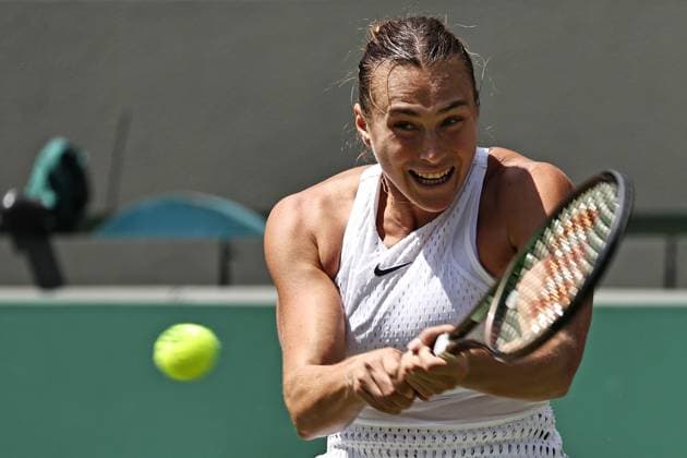 Aryna Sabalenka, BLR, during rain delayed second round of 2023 All England Lawn Tennis Championships at Wimbledon, womens singles, London, 07 07 2023; -