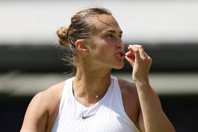 Aryna Sabalenka, BLR, during rain delayed second round of 2023 All England Lawn Tennis Championships at Wimbledon, womens singles, London, 07 07 2023; -
