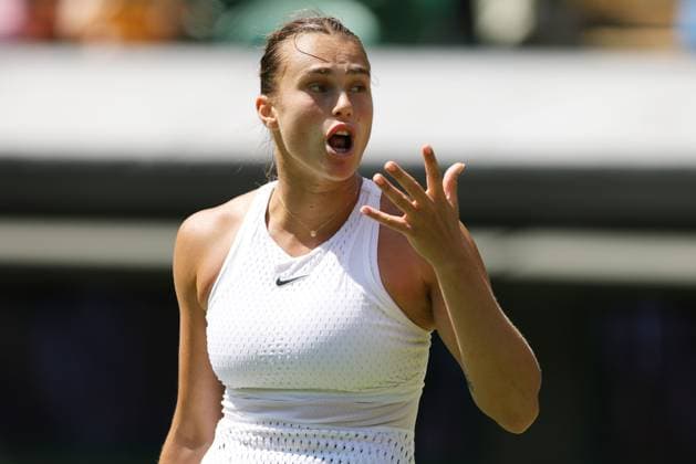Aryna Sabalenka, BLR, during rain delayed second round of 2023 All England Lawn Tennis Championships at Wimbledon, womens singles, London, 07 07 2023; -