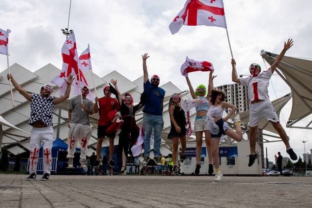 BATUMI, GEORGIA - JULY 8: a general view of the fans outside the Adjarabet Arena before the UEFA Under-21 Euro 2023 final match between England and Spain on July 8, 2023 on Adjarabet Arena in Batumi, G England v Spain - UEFA Under-21 Euro 2023 Final Copyright: xSebastianxFrejx