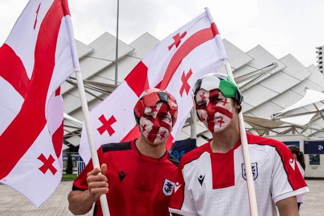 BATUMI, GEORGIA - JULY 8: a general view of the fans outside the Adjarabet Arena before the UEFA Under-21 Euro 2023 final match between England and Spain on July 8, 2023 on Adjarabet Arena in Batumi, G England v Spain - UEFA Under-21 Euro 2023 Final Copyright: xSebastianxFrejx