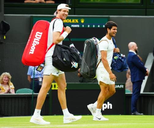 Mandatory Credit: Photo by Javier Garcia Shutterstock (14001532t) Nicolas Jarry and Carlos Alcaraz laughing as the walk onto court ahead of their third round match Wimbledon Tennis Championships, Day 6, The All England Lawn Tennis and Croquet Club, London, UK - 08 Jul 2023 Wimbledon Tennis Championships, Day 6, The All England Lawn Tennis and Croquet Club, London, UK - 08 Jul 2023  Copyright: xJavierxGarcia Shutterstockx 14001532t