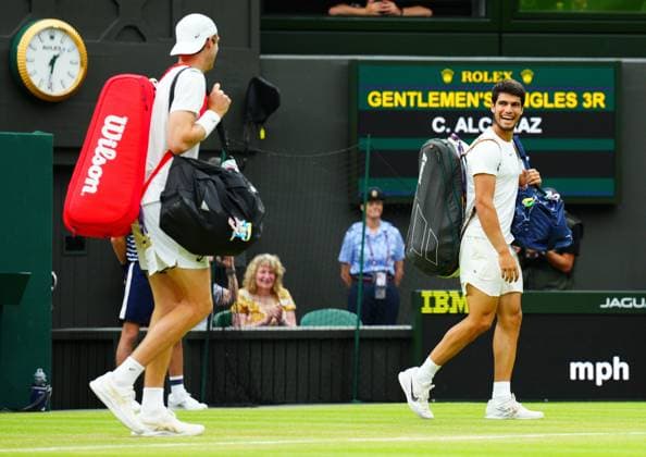 Mandatory Credit: Photo by Javier Garcia Shutterstock (14001532s) Nicolas Jarry and Carlos Alcaraz laughing as the walk onto court ahead of their third round match Wimbledon Tennis Championships, Day 6, The All England Lawn Tennis and Croquet Club, London, UK - 08 Jul 2023 Wimbledon Tennis Championships, Day 6, The All England Lawn Tennis and Croquet Club, London, UK - 08 Jul 2023  Copyright: xJavierxGarcia Shutterstockx 14001532s