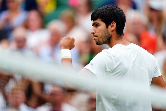 Mandatory Credit: Photo by Javier Garcia Shutterstock (14001532au) Carlos Alcaraz celebrates during his third round match Wimbledon Tennis Championships, Day 6, The All England Lawn Tennis and Croquet Club, London, UK - 08 Jul 2023 Wimbledon Tennis Championships, Day 6, The All England Lawn Tennis and Croquet Club, London, UK - 08 Jul 2023  Copyright: xJavierxGarcia Shutterstockx 14001532au