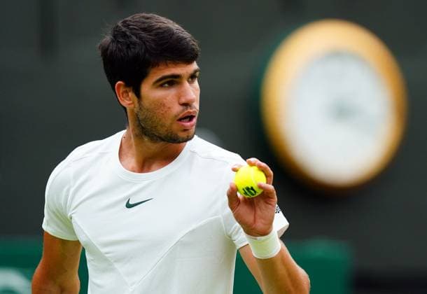 Mandatory Credit: Photo by Javier Garcia Shutterstock (14001532bk) Carlos Alcaraz during his third round match Wimbledon Tennis Championships, Day 6, The All England Lawn Tennis and Croquet Club, London, UK - 08 Jul 2023 Wimbledon Tennis Championships, Day 6, The All England Lawn Tennis and Croquet Club, London, UK - 08 Jul 2023  Copyright: xJavierxGarcia Shutterstockx 14001532bk