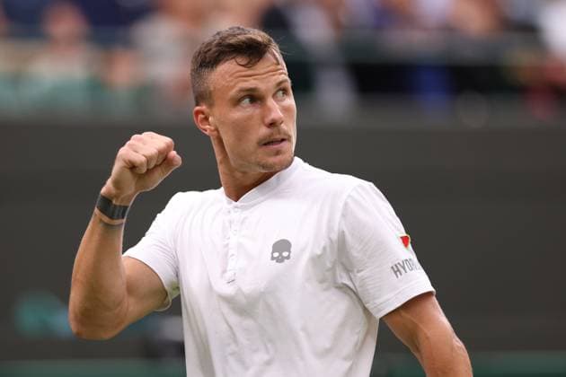 8th July 2023; All England Lawn Tennis and Croquet Club, London, England: Wimbledon Tennis Tournament; Marton Fucsovics celebrates a point during his match with Daniil Medvedev  ActionPlus12528640 ShaunxBrooks