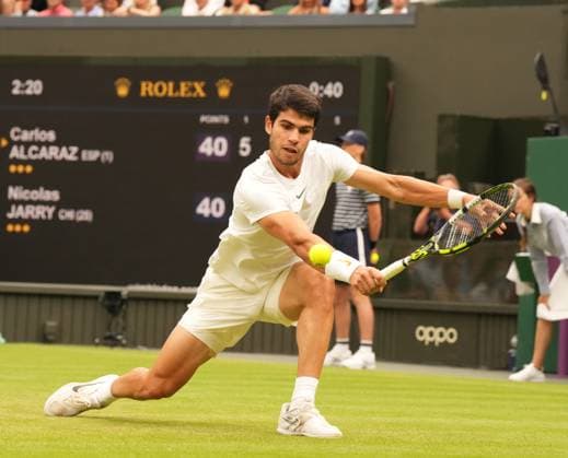Tennis - 2023 Wimbledon Championships - Week One - Day Six - All England lawn Tennis & Racquet Club, Wimbledon - Saturday 8th Mens Singles- Carlo Alcaraz (ESP) v Nicolas Jarry (CHI) Carlo Alcaraz (ESP) 