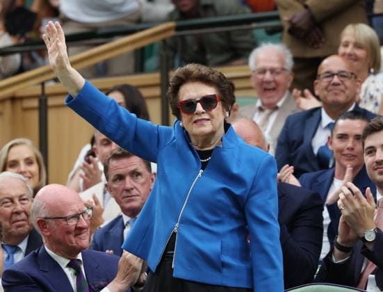 American tennis legend Billie Jean King receives applause on centre court on day six of the 2023 Wimbledon championships in London on Saturday, July 08, 2023.  LON2023070806 HUGOxPHILPOTT
