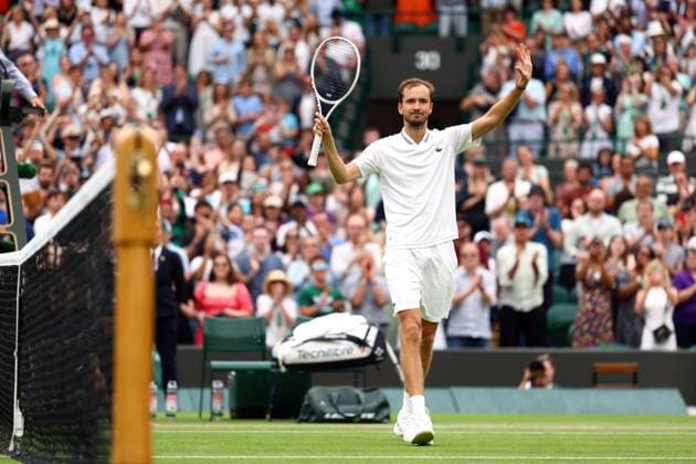 Mandatory Credit: Photo by Simon Dael Shutterstock (14001530cn) Daniil Medvedev celebrates winning his third round match Wimbledon Tennis Championships, Day 6, The All England Lawn Tennis and Croquet Club, London, UK - 08 Jul 2023 Wimbledon Tennis Championships, Day 6, The All England Lawn Tennis and Croquet Club, London, UK - 08 Jul 2023  Copyright: xSimonxDael Shutterstockx 14001530cn