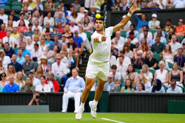 Mandatory Credit: Photo by Javier Garcia Shutterstock (14001532ec) Carlos Alcaraz during his third round match Wimbledon Tennis Championships, Day 6, The All England Lawn Tennis and Croquet Club, London, UK - 08 Jul 2023 Wimbledon Tennis Championships, Day 6, The All England Lawn Tennis and Croquet Club, London, UK - 08 Jul 2023  Copyright: xJavierxGarcia Shutterstockx 14001532ec