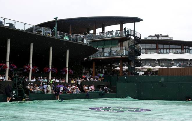 (230708) -- LONDON, July 8, 2023 -- The grass court is covered during rain delay at Wimbledon Tennis Championships in London, Britain, July 8, 2023. ) (SP)BRITAIN-LONDON-TENNIS-WIMBLEDON-DAY 6 HanxYan 
