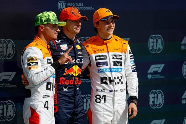 4 Lando Norris (GBR, McLaren F1 Team), 1 Max Verstappen (NLD, Oracle Red Bull Racing), 81 Oscar Piastri (AUS, McLaren F1 Team), F1 Grand Prix of Great Britain at Silverstone Circuit on July 8, 2023 in Silverstone, Great Britain. (Photo by HOCH ZWEI) Silverstone Great Britain