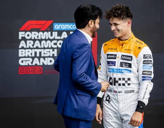SILVERSTONE - Lando Norris (McLaren) in conversation with FIA president Mohammed Ben Sulayem after qualifying ahead of the Grand Prix of Great Britain at the Silverstone Circuit. ANP SEM VAN DER WAL F1 Grand Prix of Great Britain - Qualifying 2023 xVIxANPxSportx xxANPxIVx 473268822 originalFilename: 473268822.jpg