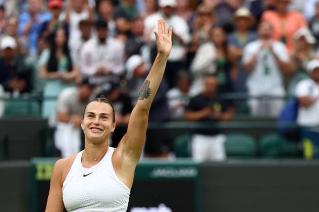 Mandatory Credit: Photo by Simon Dael Shutterstock (14001530ec) Aryna Sabalenka celebrates winner her third round match Wimbledon Tennis Championships, Day 6, The All England Lawn Tennis and Croquet Club, London, UK - 08 Jul 2023 Wimbledon Tennis Championships, Day 6, The All England Lawn Tennis and Croquet Club, London, UK - 08 Jul 2023  Copyright: xSimonxDael Shutterstockx 14001530ec
