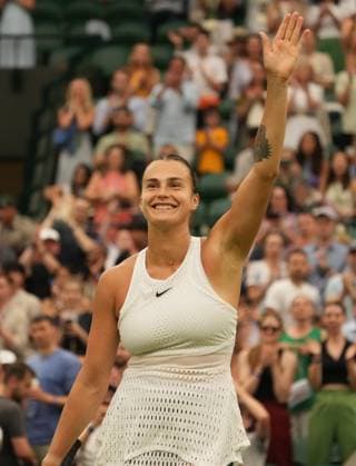 Tennis - 2023 Wimbledon Championships - Week One - Day Six - All England lawn Tennis & Racquet Club, Wimbledon - Saturday 8th Ladies Singles- Anna Blinkova v Aryna Sabalenka Aryna Sabalenka waves after winning the match 