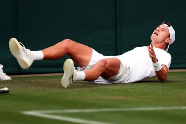 Mandatory Credit: Photo by Ella Ling Shutterstock (14001529by) Holger Rune celebrates victory in his third round match Wimbledon Tennis Championships, Day 6, The All England Lawn Tennis and Croquet Club, London, UK - 08 Jul 2023 Wimbledon Tennis Championships, Day 6, The All England Lawn Tennis and Croquet Club, London, UK - 08 Jul 2023  Copyright: xEllaxLing Shutterstockx 14001529by
